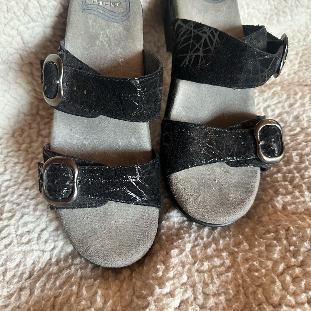 Dansko Black and Gray Slide Sandals with Silver Buckles